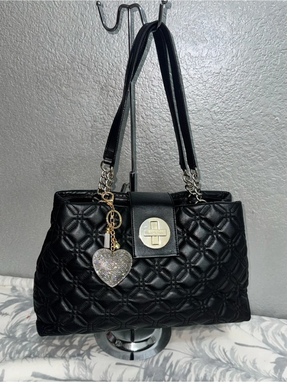 kate spade Black Quilted Shoulder Bag with Gold Hardware and Heart Charm